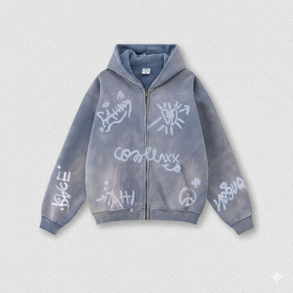 Men's Vintage Acid Wash Zip Up Hoodie, Graffiti Graphic Oversized Hooded Sweatshirt, Y2K Harajuku Streetwear Full Zip Jacket with Pockets