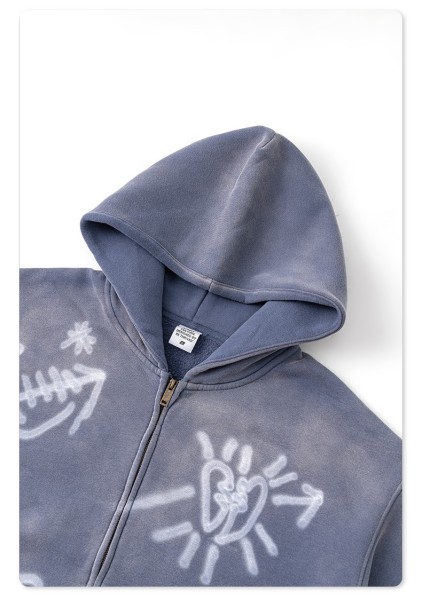 Men's Vintage Acid Wash Zip Up Hoodie, Graffiti Graphic Oversized Hooded Sweatshirt, Y2K Harajuku Streetwear Full Zip Jacket with Pockets