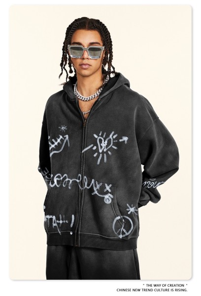 Men's Vintage Acid Wash Zip Up Hoodie, Graffiti Graphic Oversized Hooded Sweatshirt, Y2K Harajuku Streetwear Full Zip Jacket with Pockets