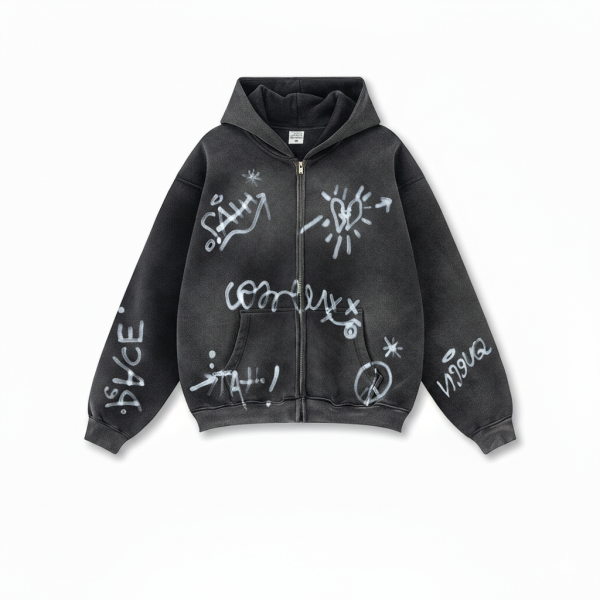 Men's Vintage Acid Wash Zip Up Hoodie, Graffiti Graphic Oversized Hooded Sweatshirt, Y2K Harajuku Streetwear Full Zip Jacket with Pockets