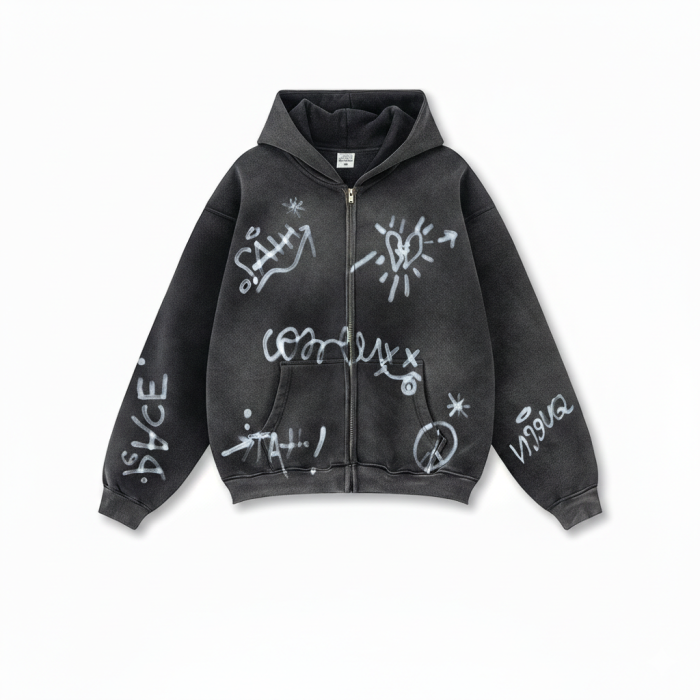 Men's Vintage Acid Wash Zip Up Hoodie, Graffiti Graphic Oversized Hooded Sweatshirt, Y2K Harajuku Streetwear Full Zip Jacket with Pockets