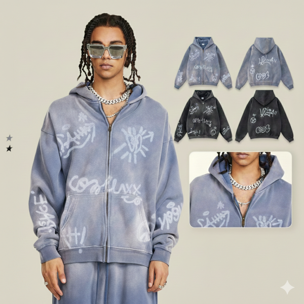 Men's Vintage Acid Wash Zip Up Hoodie, Graffiti Graphic Oversized Hooded Sweatshirt, Y2K Harajuku Streetwear Full Zip Jacket with Pockets