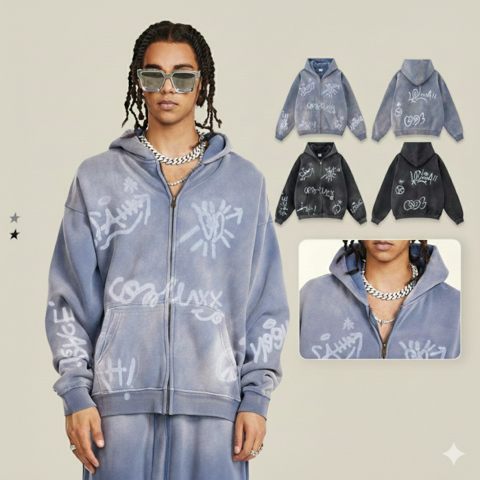 Men's Vintage Acid Wash Zip Up Hoodie, Graffiti Graphic Oversized Hooded Sweatshirt, Y2K Harajuku Streetwear Full Zip Jacket with Pockets