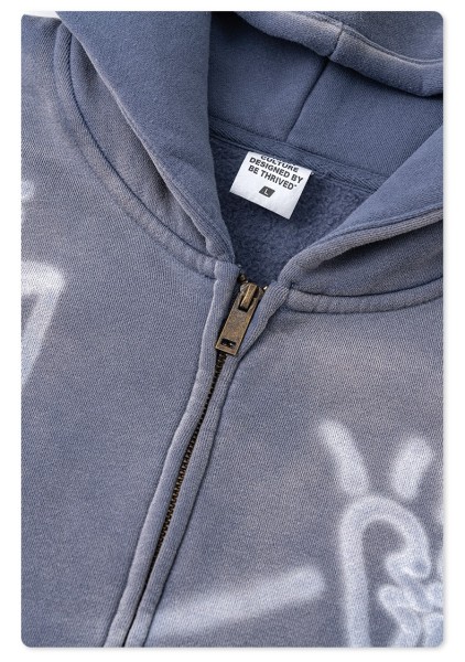 Men's Vintage Acid Wash Zip Up Hoodie, Graffiti Graphic Oversized Hooded Sweatshirt, Y2K Harajuku Streetwear Full Zip Jacket with Pockets