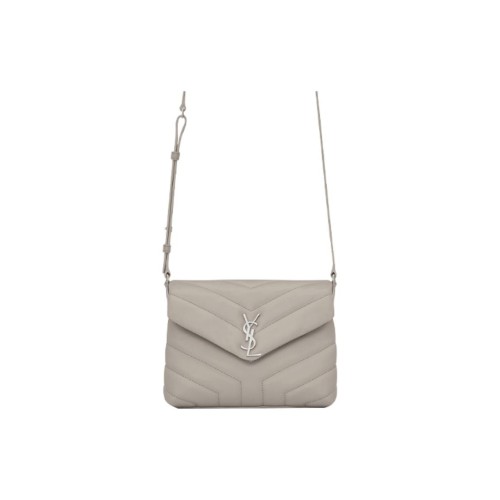 SAINT LAURENT YSL LOULOU Silver Logo Leather Shoulder Bag, Mini, Women's, Granite Grey/Light Grey 467072-DV706-1723 20*14*7.5cm