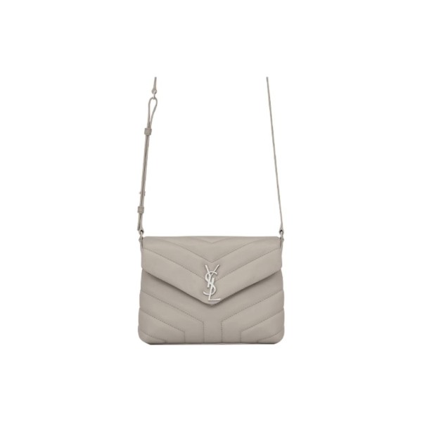 SAINT LAURENT YSL LOULOU Silver Logo Leather Shoulder Bag, Mini, Women's, Granite Grey/Light Grey 467072-DV706-1723 20*14*7.5cm