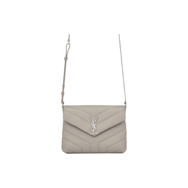 SAINT LAURENT YSL LOULOU Silver Logo Leather Shoulder Bag, Mini, Women's, Granite Grey/Light Grey 467072-DV706-1723 20*14*7.5cm