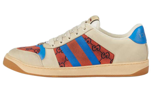 GUCCI Screener Distressed Shoes Canvas Skateboard Shoes Beige Red Blue