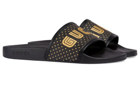 GUCCI Leather Trimmed Canvas Slides SEGA Black