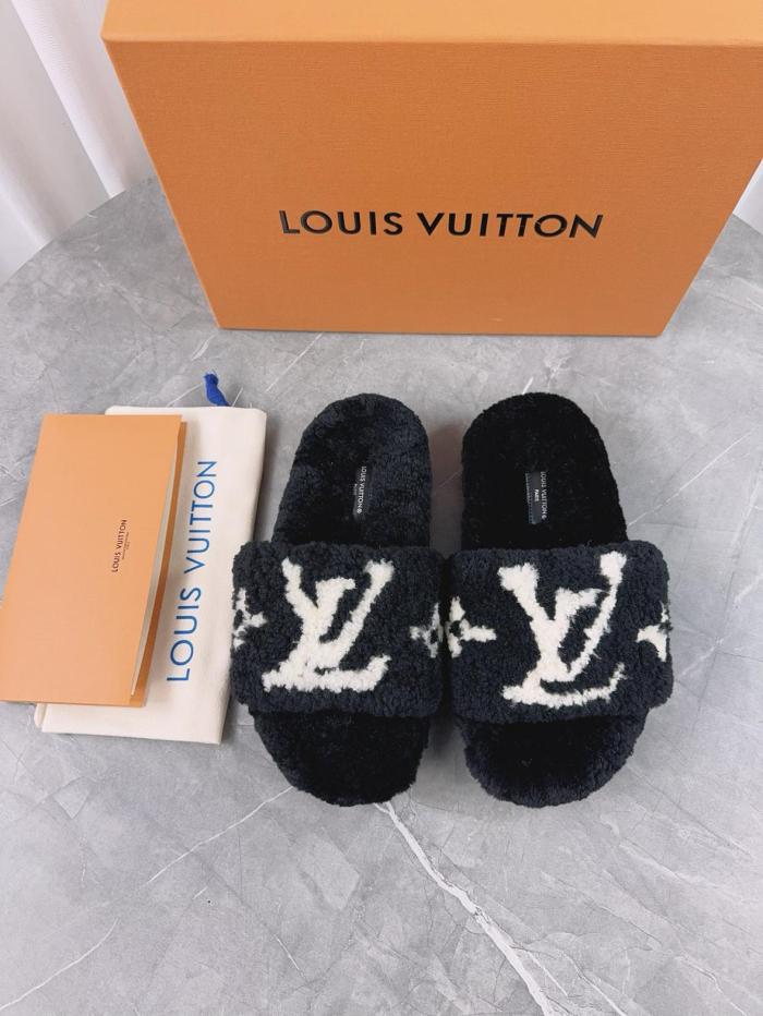 LOUIS VUITTON Slide Slippers Women's Black White