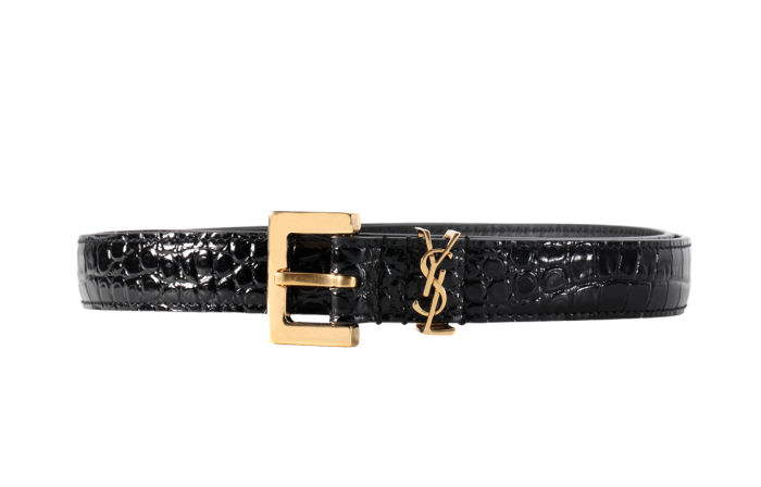 SAINT LAURENT Logo Plaque Square Buckled Embossed Belt Wide 2CM