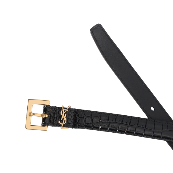 SAINT LAURENT Logo Plaque Square Buckled Embossed Belt Wide 2CM