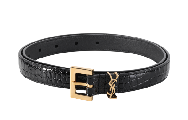 SAINT LAURENT Logo Plaque Square Buckled Embossed Belt Wide 2CM