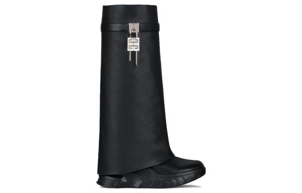 Givenchy Top Grain Cow Leather Knee High Boots Foldover Boots 8cm Women's Black