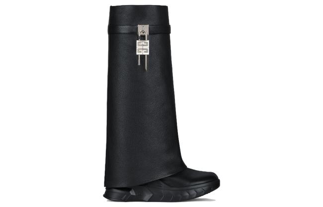 Givenchy Top Grain Cow Leather Knee High Boots Foldover Boots 8cm Women's Black