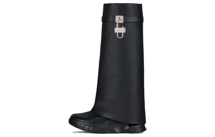 Givenchy Top Grain Cow Leather Knee High Boots Foldover Boots 8cm Women's Black