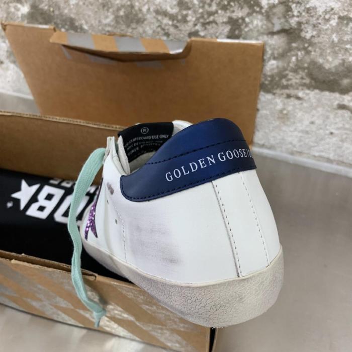 Golden Goose Super Star Low top Stylish Skateboarding Shoes Women's White Navy Blue Tail Distressed Style