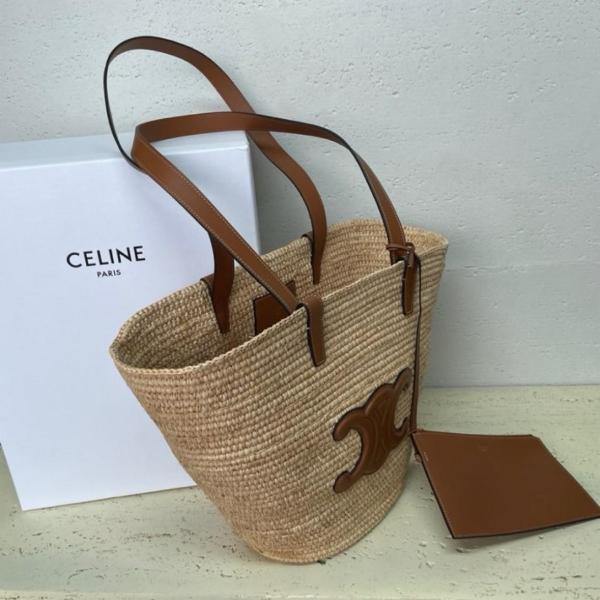 CELINE Plant Material With Cow Leather Binding Handbag, Shoulder Bag Women's Tawny 114342FF7-04LU size 30*14*22cm