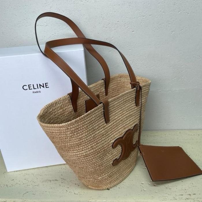 CELINE Plant Material With Cow Leather Binding Handbag, Shoulder Bag Women's Tawny 114342FF7-04LU size 30*14*22cm