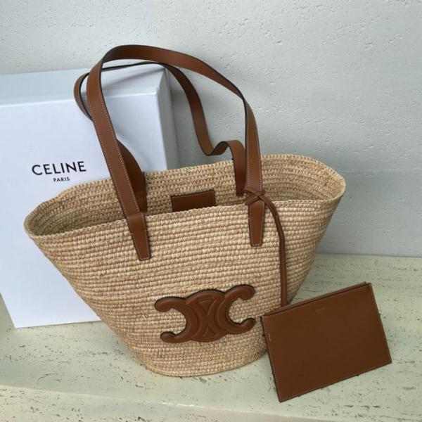 CELINE Plant Material With Cow Leather Binding Handbag, Shoulder Bag Women's Tawny 114342FF7-04LU size 30*14*22cm