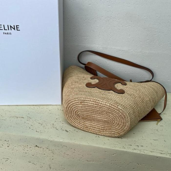 CELINE Plant Material With Cow Leather Binding Handbag, Shoulder Bag Women's Tawny 114342FF7-04LU size 30*14*22cm