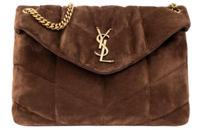 SAINT LAURENT PUFFER Lamb Suede Portable Crossbody Bag, Shoulder Bag Women's Brown 577475-1U807-2358 size L23*H16.5cm