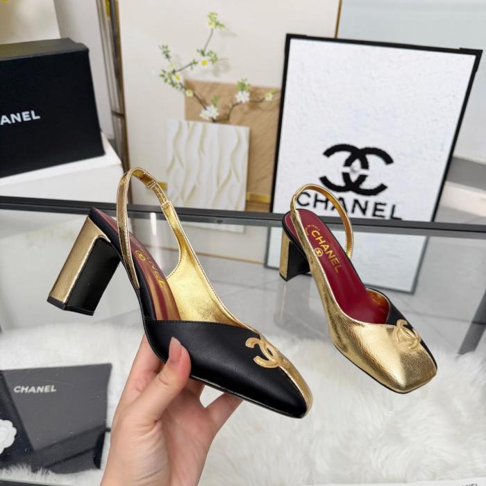 Chanel Slingback heels gold black