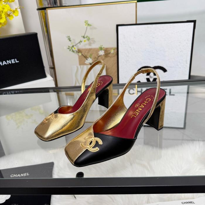 Chanel Slingback heels gold black