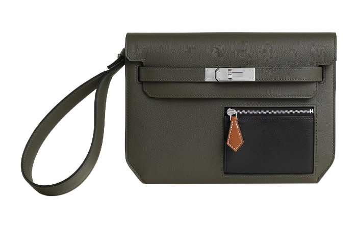 HERMES Kelly DepechesColormatic Cow Leather Clutch 25 Men's Gray Green H083727CKAB size 25*20*4cm