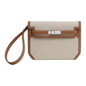 HERMES Kelly Depeches Canvas With Togo Calfskin Clutch 25 Men's Beige & Gold Brown H083320CKAD size L25.5cm W4cm H20cm