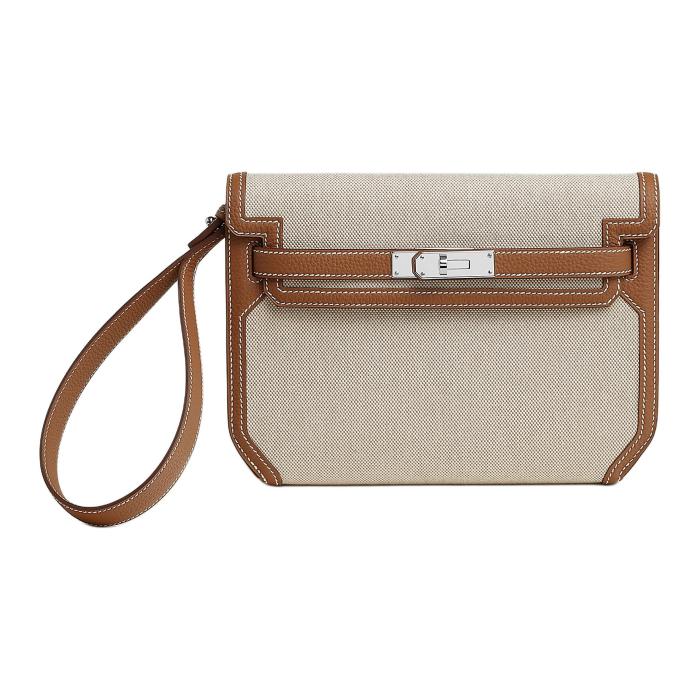 HERMES Kelly Depeches Canvas With Togo Calfskin Clutch 25 Men's Beige & Gold Brown H083320CKAD size L25.5cm W4cm H20cm