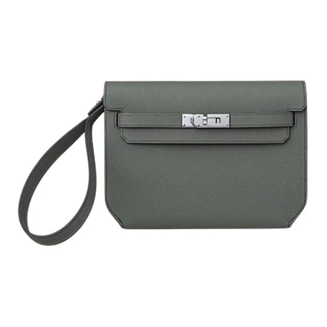 HERMES Kelly Depeches Epsom Leather Clutch Men's 63 Vert Amande Almond Green H078397CK63 size 25*19.5*4cm