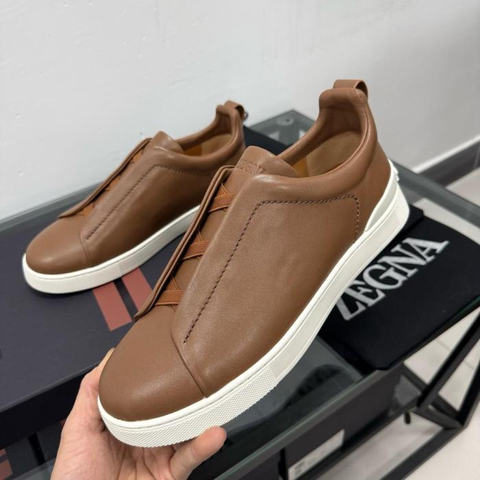 Ermenegildo Zegna Triple Stitch Secondskin Leather Low top Skateboard Shoes Men's Brown