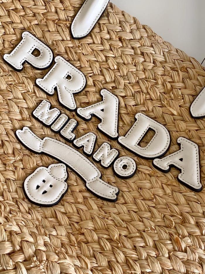 PRADA Raffia One Shoulder Handbag Large Women's Tan & White 1BG470_2CXQ_F0N86 size L25cm W15cm H25cm