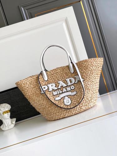 PRADA Raffia One Shoulder Handbag Large Women's Tan & White 1BG470_2CXQ_F0N86 size L25cm W15cm H25cm