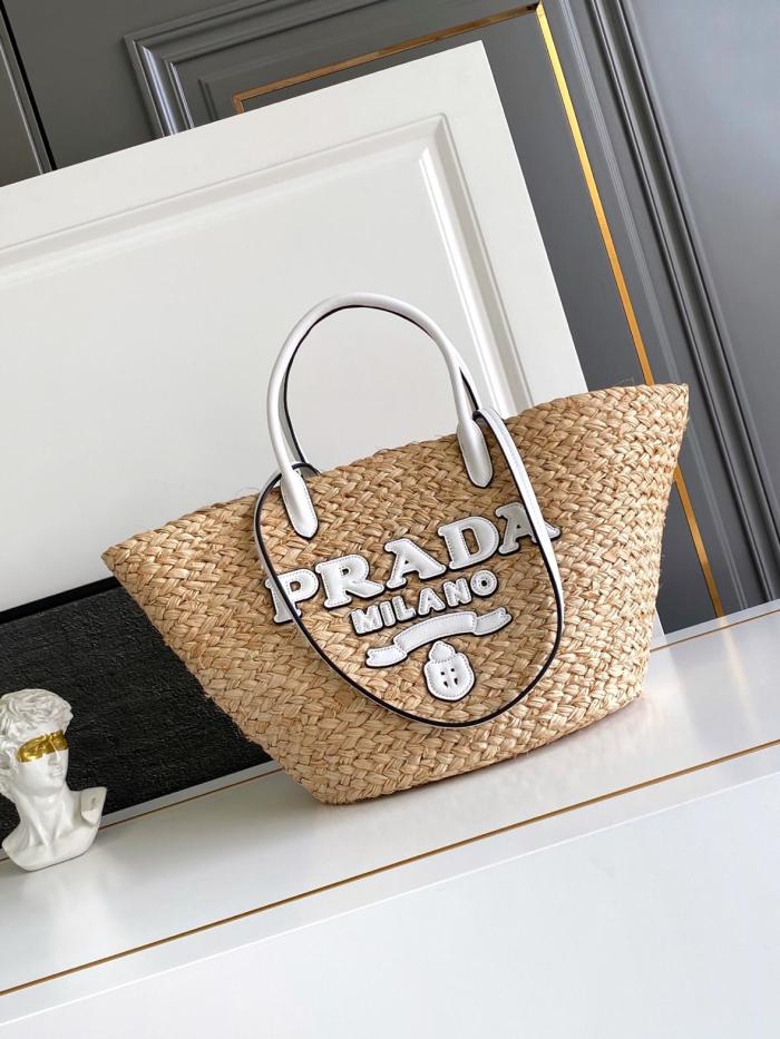 PRADA Raffia One Shoulder Handbag Large Women's Tan & White 1BG470_2CXQ_F0N86 size L25cm W15cm H25cm
