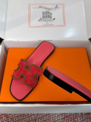 HERMES Oran Slide Slippers 1cm Women's Pomegranate Powder
