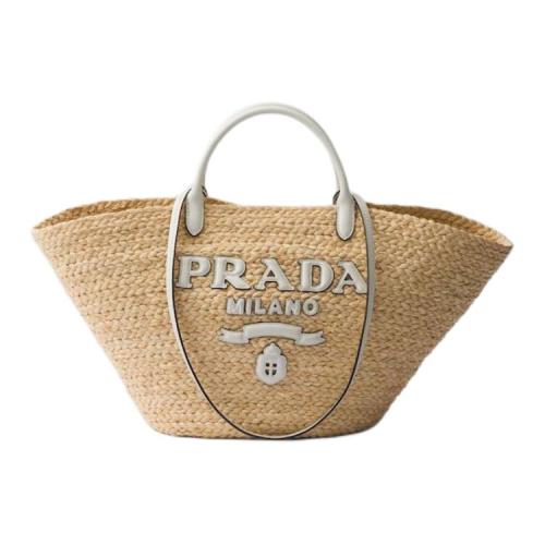 PRADA Raffia One Shoulder Handbag Large Women's Tan & White 1BG470_2CXQ_F0N86 size L25cm W15cm H25cm