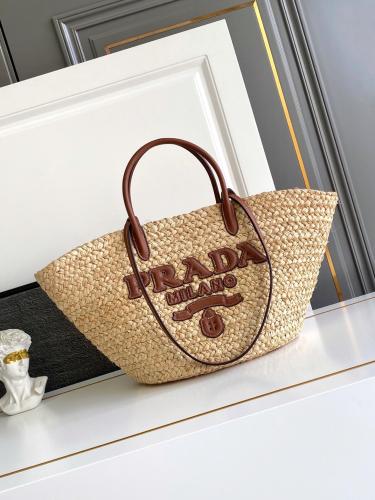 PRADA Raffia With Leather One Shoulder Handbag Large Women's Natural Cognac 1BG470_2CXQ_F0A5T_V_GOO size L25cm W15cm H25cm