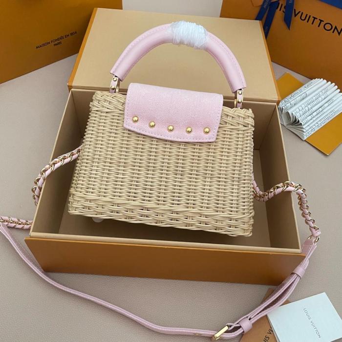 LOUIS VUITTON Capucines Rattan Denim Fabric Shoulder Bag, Crossbody Bag, Handbag Mini Women's Beige & Pink M28548 size L21cm W8cm H13.6cm
