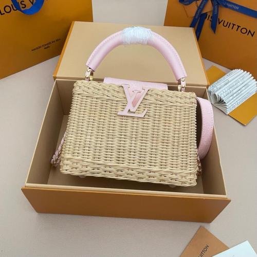 LOUIS VUITTON Capucines Rattan Denim Fabric Shoulder Bag, Crossbody Bag, Handbag Mini Women's Beige & Pink M28548 size L21cm W8cm H13.6cm