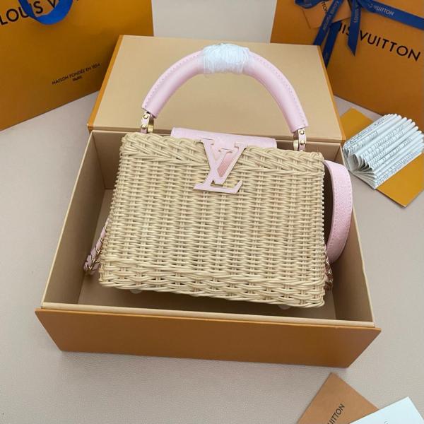 LOUIS VUITTON Capucines Rattan Denim Fabric Shoulder Bag, Crossbody Bag, Handbag Mini Women's Beige & Pink M28548 size L21cm W8cm H13.6cm