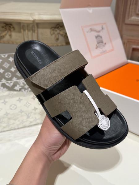 HERMES Chypre Comfortable Round Toe Rubber Sole Slide Slippers Men's Elephant Gray