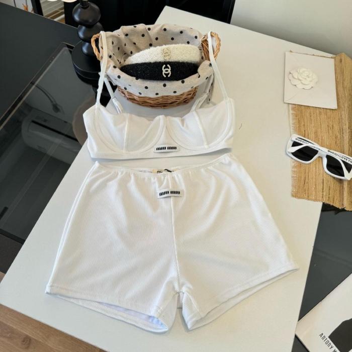 Miu Miu ribbed knit denim bra shorts set