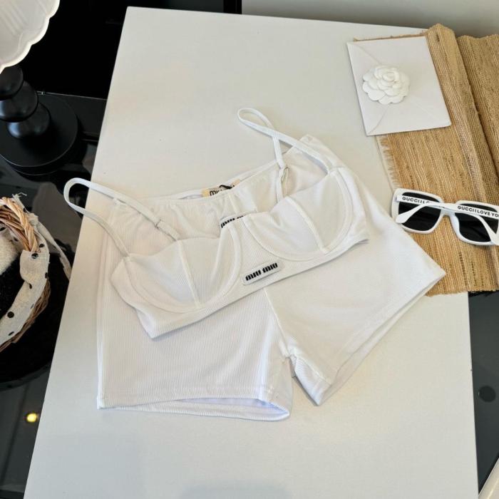 Miu Miu ribbed knit denim bra shorts set
