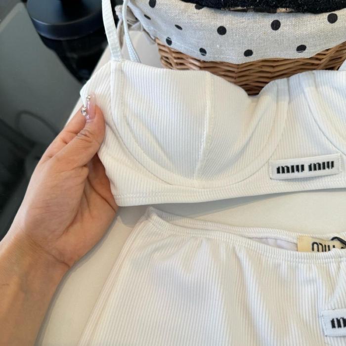 Miu Miu ribbed knit denim bra shorts set