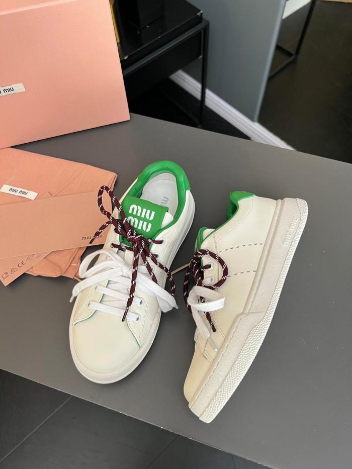MIU MIU Leather Low top Skateboard Shoes Women's White Green