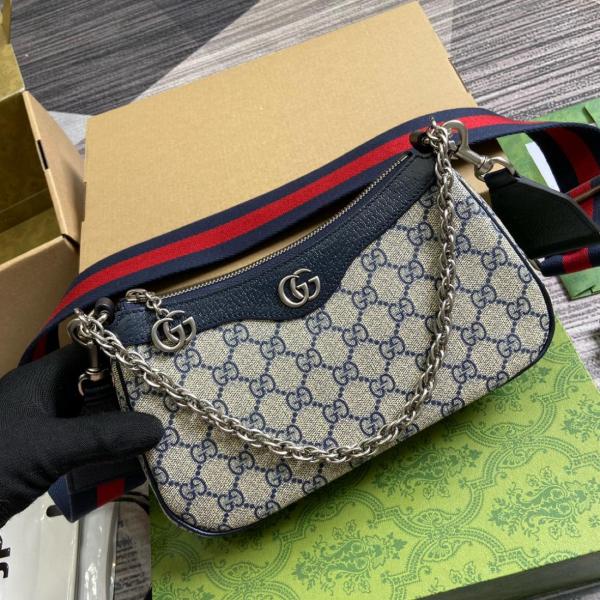 GUCCI Ophidia Canvas With Leather Shoulder Bag, Handbag Small Women's Beige & Blue 735132-96IWN-4076 size L25cm W6cm H15.5cm