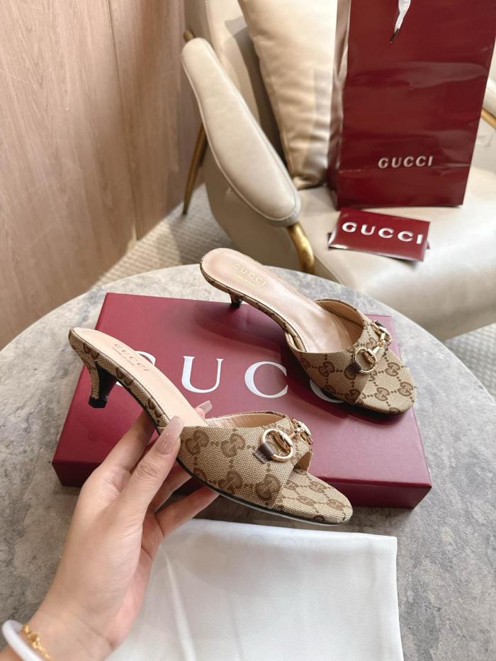 GUCCI Horsebit Slide Slippers 5cm Women's Beige & Dark Brown