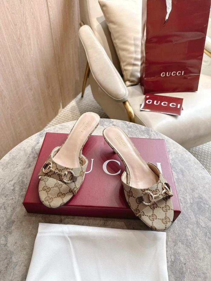 GUCCI Horsebit Slide Slippers 5cm Women's Beige & Dark Brown